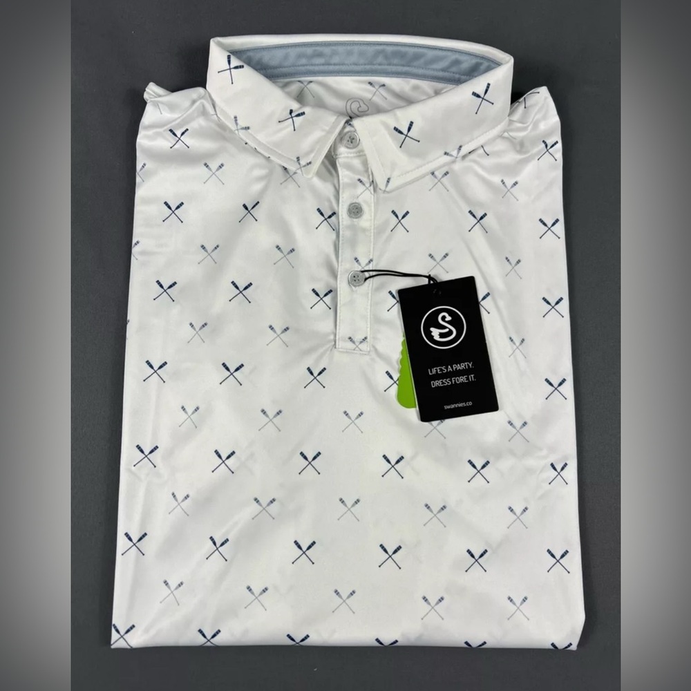 Swannies Golf Shirt Polo Grant Oar Print XL White Polyester Spandex